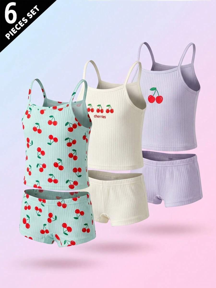 SHEIN 3件套少女粉色、白色、蓝色樱桃印花刺绣吊带背心和三角裤内衣套装,尺码偏小,建议选购大一码。 - 彩色 - 查看 1