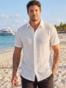 VIVINTIMO Men's Knitted Geometric Textured Standard Fit Shirt, Comfortable Wear, Minimalist And Elegant - White - View 3