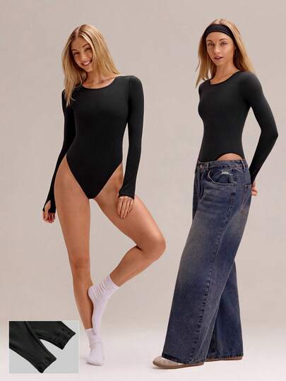 GLOWMODE FeatherFit™ Snap Into Sleek Long-Sleeve Non-Padded Thumbholes Snap Closure Crewneck Bodysuit Low Impact Yoga Pilates Studio Gym Daily Active Wear