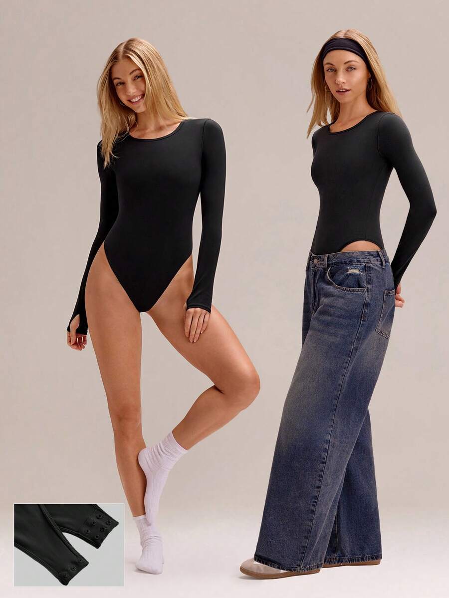 GLOWMODE FeatherFit™ Abrocharse en un body de manga larga sin acolchado con ojales para el pulgar, cierre a presión, cuello redondo, de bajo impacto, para yoga, pilates, estudio, gimnasio y uso diario activo - Negro - Ver 1