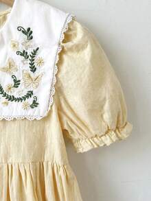 SHEIN 青少年女孩寬鬆休閒花瓣袖花卉圖案刺繡中長洋裝 - 黃色 - 查看 3