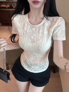 DAZY Spring & Summer Floral Lace Blouse, Cropped White Top, Elegant For Valentine's Day, Wedding, Party, Formal Occasion, Slim Fit, Sheer Mesh Short Sleeve Shirt For Women - Beige - View 2