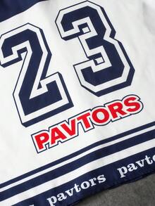 PAVTROS Men's Contrast Color Letter & Cartoon Print Button-Front Short Sleeve Shirt Football - Blue and White - View 6