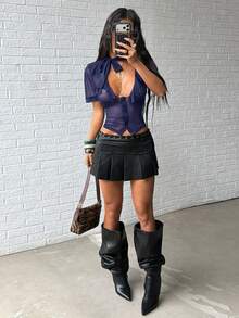 Jeanoix 女士性感深V领弹力网纱修身衬衫 - 藏蓝色 - 查看 3
