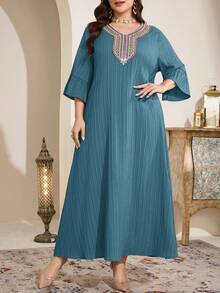 Al Najma Plus Size Women's Turkish Maxi Dress, Traditional Arabic Long Robe - Blue - View 5