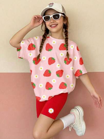 2件套女童加大码休闲T恤和打底短裤套装