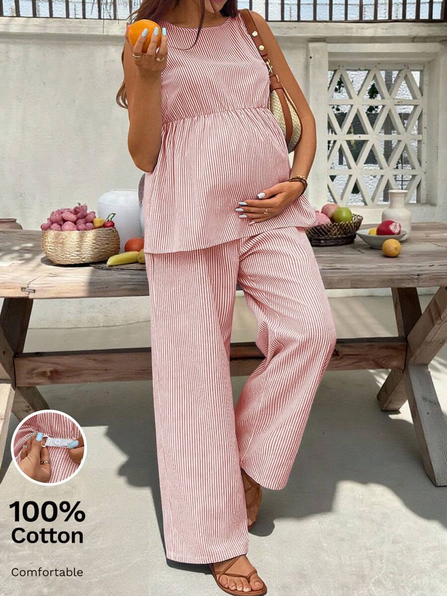 SHEIN 两件套孕妇竖条纹无袖上衣和裤子套装 - 紅色 - 查看 1