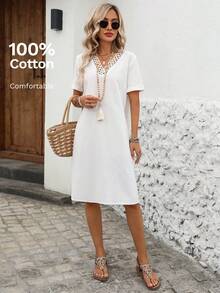 EMERY ROSE Women's Summer Holiday Patchwork Lace Short Sleeve Mini Dress Women Dress White Dress Cotton Dress Elegant Casual Boho Casual Dress Clothes Dresses For Women Beach Vacation Outfits For Women Dresses For Women Outfits Dresses Country Dress Dresses For Women,Summer Dresses For Women - White - View 8