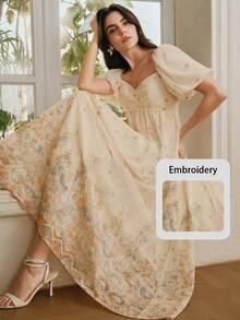 Anewsta Elegant V-Neck Puff Sleeve Embroidered Floral Vacation Dress For Women, Spring/Summer - Apricot - View 7
