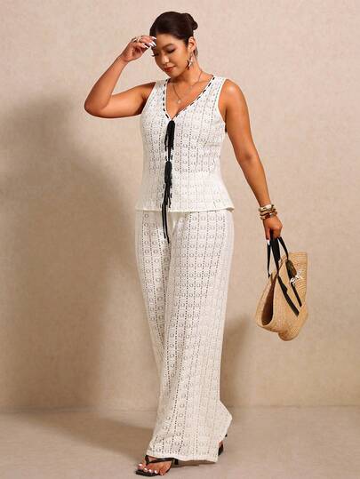 Elaquor 大码度假休闲镂空针织上衣和裤子套装