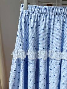 Flirla Women's Sweet Cute White Plaid Polka Dot Lace Trim Long Skirt, Beach Vacation, Skirt For Holiday, Vacation For Women Summer - Blue - View 4