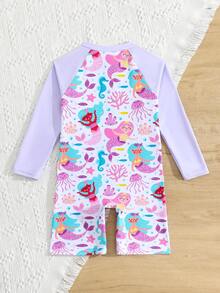 SHEIN Baju Renang Anak Perempuan Model Terusan dengan Resleting dan Motif Putri Duyung & Dunia Bawah Laut, Lengan Panjang - Mauve Purple - View 2