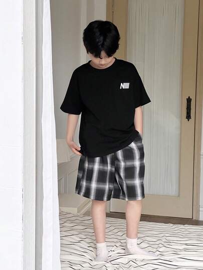 DAZY 男童格子短袖短裤睡衣套装，休闲夏季睡衣（加大码）