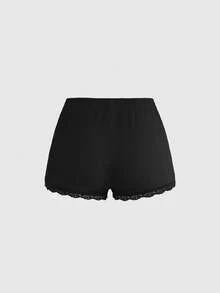 ROMWE Conjunto de pijama casual de camiseta de tirantes acanalada y shorts con encaje - Negro - Ver 8