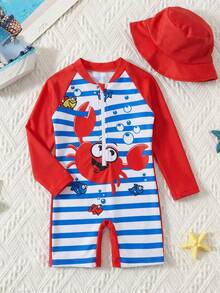 LMoss Kids Baju Renang Bayi Laki-laki Motif Kepiting Garis-garis Blok Warna Lengan Panjang Setengah Resleting dengan Topi Pelindung Matahari, Pakaian Pantai/Resor - MultiWarna - View 3