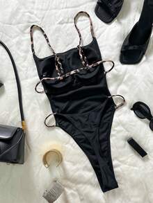 SHEIN Swim SXY 女士性感动物纹连体泳衣，美背设计，适合情人节、新年派对、度假穿着，春夏泳装 - 黑色 - 查看 4