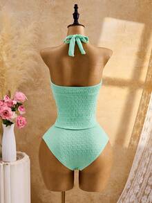 Swim Vcay 女士褶皱贝壳装饰吊带背心式泳衣套装，适合度假穿着 - 薄荷綠 - 查看 5