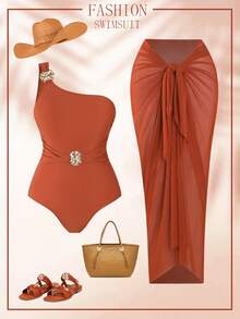 Swim Oasis 2026 New Plus Size 2-Piece Burnt Orange Halter Ruffled One-Piece Swimsuit With Matching Sheer Wrap Skirt Set,Rojos,Summer,Classy Sexy,Beach Wedding - Mocha Brown - View 1