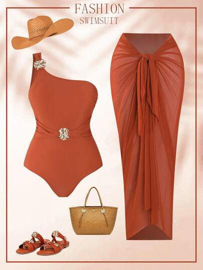 Swim Oasis 2026 New Plus Size 2-Piece Caramel Halter Ruffled One-Piece Swimsuit With Matching Sheer Wrap Skirt Set, Beach Holiday Outfit, Party Dress, Elegant Ladies Swimwear, Women's Vacation Clothing