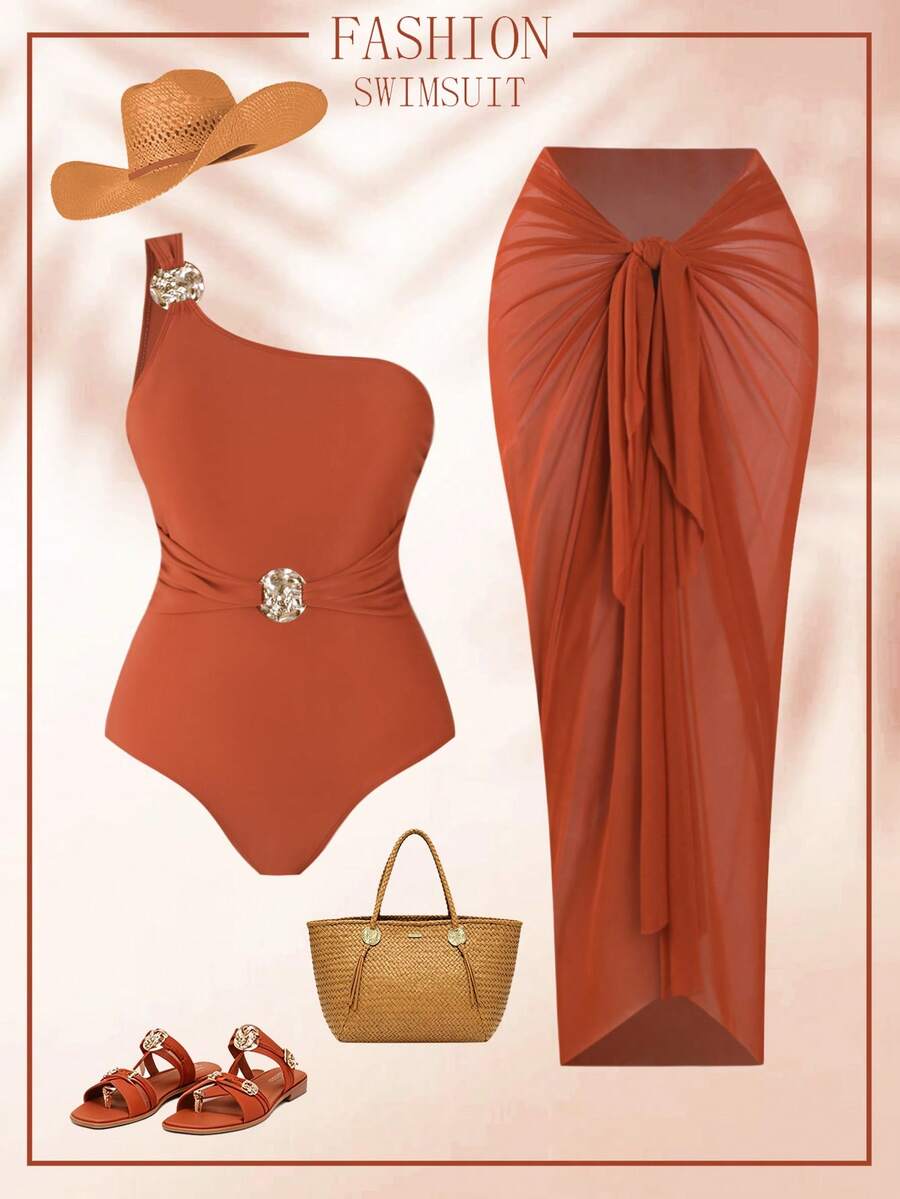 Swim Oasis 2026 New Plus Size 2-Piece Burnt Orange Halter Ruffled One-Piece Swimsuit With Matching Sheer Wrap Skirt Set,Rojos,Summer,Classy Sexy,Beach Wedding - Mocha Brown - View 1
