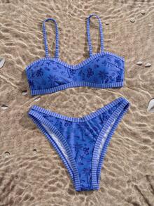 Swim Mod Bộ 2 món bikini in họa tiết ngẫu nhiên, dây đeo điều chỉnh được, kiểu dáng gợi cảm và thanh lịch, thích hợp cho bãi biển và tiệc bể bơi. - Màu xanh lam - Xem 6