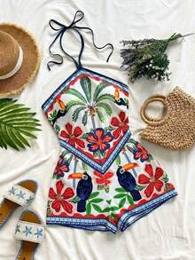 Soleia Women's Palm Tree Print Halter Romper - Multicolor - View 9