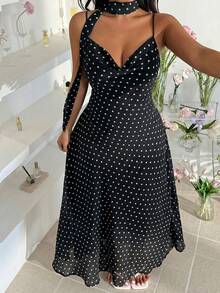 GalTyme Plus Size Black Polka Dot Spaghetti Strap Dress, Summer - Black - View 5
