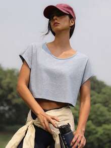 Medorelle Áo thun nữ dệt kim cổ tròn dáng rộng thoải mái - Màu Xám nhạt - Xem 5