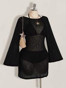 SHEIN ICON 大码女士沙滩度假长袖系带透视连衣裙 - 黑色 - 查看 6
