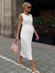 MaterniWear 孕妇夏季休闲度假通勤无袖褶皱腰带连衣裙 - 白色 - 查看 2