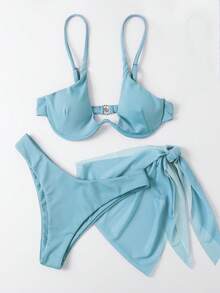 SHEIN Swim 3 件套女士沙滩装、加垫比基尼套装 - 淺藍色 - 查看 5