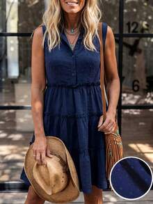 LanaWest New Woven Textured Shirt Collar Half-Placket Elegant Resort Style Western Casual Women Short Dress - Navy Blue - View 5