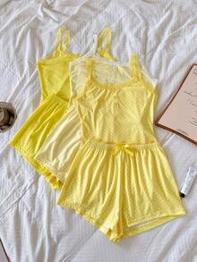 Napfluff 6pcs Women Casual Fitted Faux Placket Lace Patchwork Printed Camisole & Shorts Pajama Set - Yellow - View 6