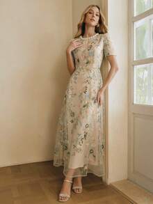 Anewsta 女士优雅度假/约会/正式场合飘逸串珠刺绣网纱公主袖长裙，春夏款 - 彩色 - 查看 3