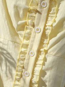 Modelyn Yellow Cotton Puff Sleeve Shirt With Frill Trim - Yellow - View 3
