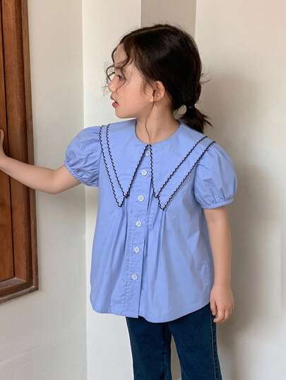 DAZY Young Girl Colorblock Peter Pan Collar Petal Sleeve Front Button Loose Shirt, Summer