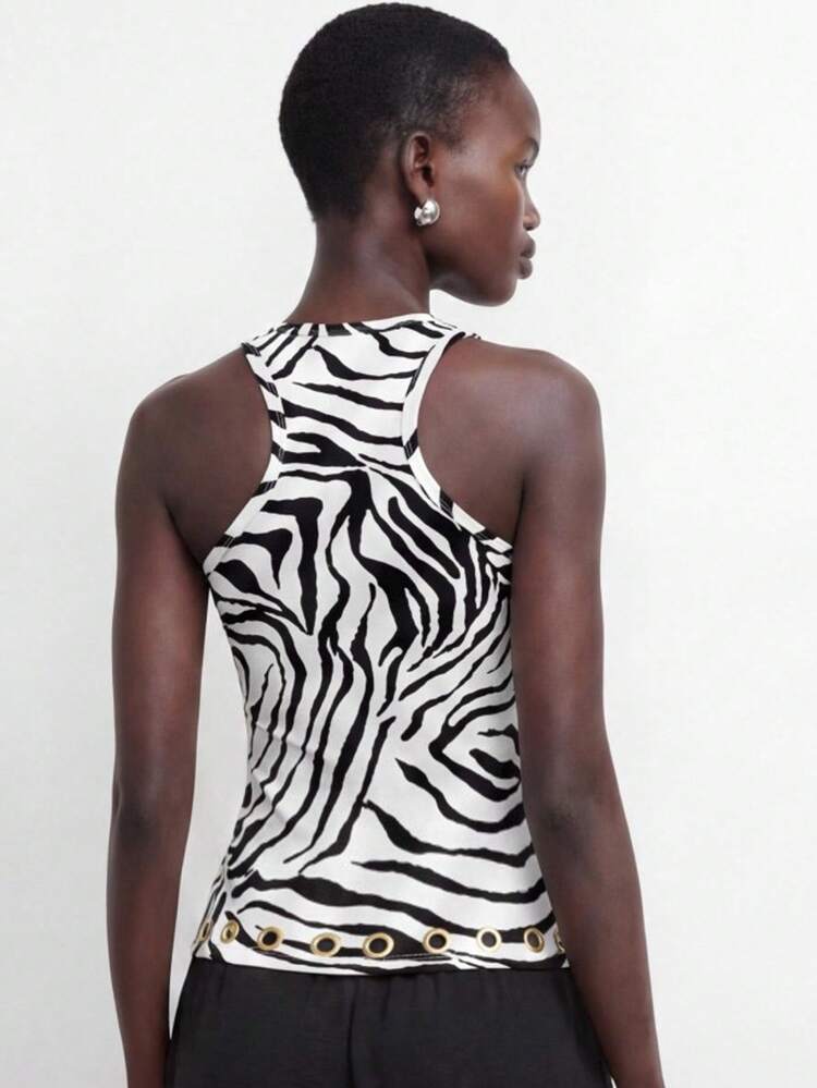 SHEIN Maija Women's Summer Casual Fashion Vacation Street Zebra Print Grommet Detail Fitted Tank Top,,Summer Holiday Outfits