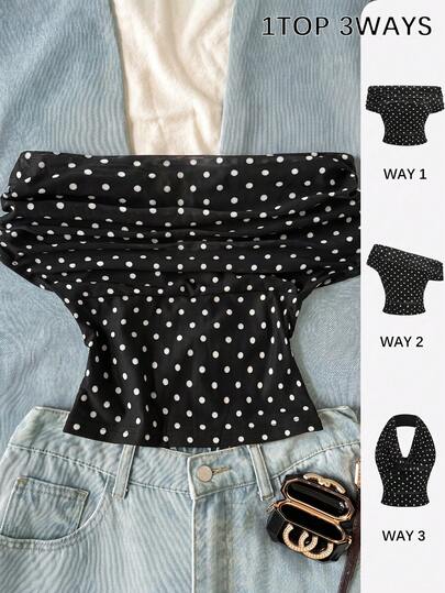 SHEIN Áo kiểu nữ tuổi teen đa năng, eo nhún, nền đen chấm bi trắng, áo chấm bi trẻ em, trang phục mùa hè thường ngày, thiết kế cổ cao trễ vai, thanh lịch và duyên dáng, phù hợp cho kỳ nghỉ, phong cách đồng quê, đi biển, tiệc trà chiều và các dịp khác, kiểu dáng trang nhã, có thể mặc như áo dạ hội hoặc áo kiểu dễ thương.