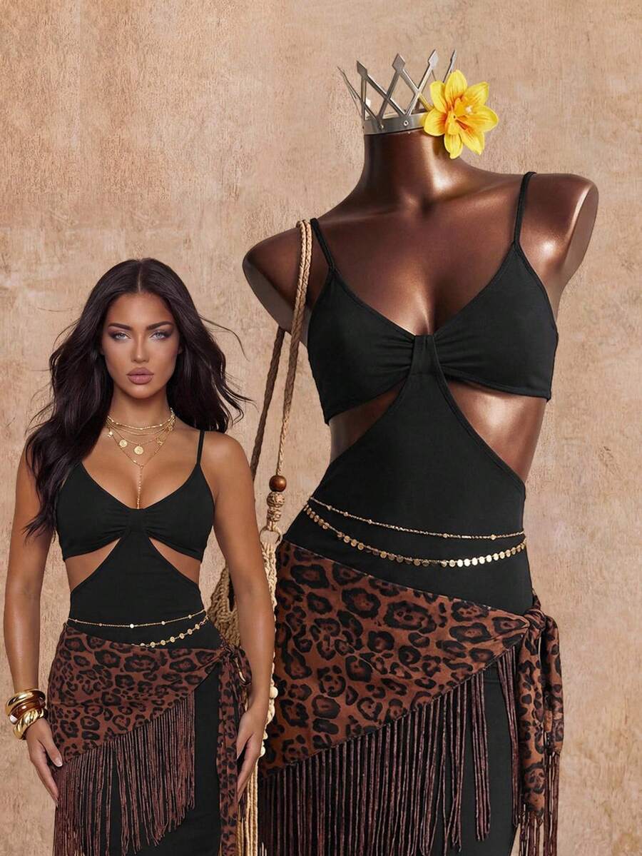 Elin Vora 镂空腰部开衩下摆吊带紧身连衣裙长款度假海滩装女式 - 黑色 - 查看 1