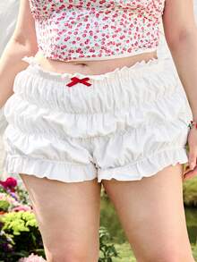 Sweetness Pantalones cortos con volantes en la cintura y lazo decorativo para mujer de talla grande - Blanco - Ver 5