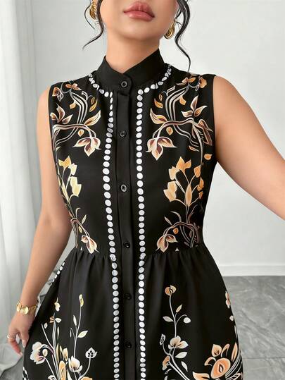 Elenzga 大码女士夏季连衣裙，复古优雅无袖印花连衣裙，领口纽扣装饰设计，大码黑色连衣裙，前开襟，适合夏季、情人节、派对、婚礼宾客、毕业典礼、度假等场合，女士优雅连衣裙，女士休闲连衣裙，正式连衣裙