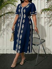 SHEIN Lady Đầm dự tiệc cỡ lớn in họa tiết cổ điển, thắt eo, kiểu dáng thường ngày, thích hợp cho kỳ nghỉ. - Nhiều màu - Xem 3