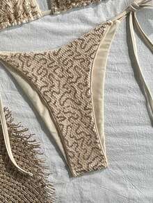 SHEIN Swim 两件式泳衣，纯色亮片纹理挂脖文胸上衣和侧系带泳裤性感比基尼套装，春夏海滩度假亮片泳衣两件套亮片比基尼度假套装女士比基尼套装Zestiva泳装斑马纹比基尼闪亮比基尼两件式泳衣Zante假日套装亮片泳衣 - 杏色 - 查看 8