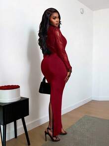 BamGleam Women's Contrast Lace Round Neck Long Sleeve Ruched Fitted Sexy Fashion Dress, Elegant Dresses For Women , Elegant Dress For Women , Elegant Dress Women , Elegant Dresse, Elegant Dress,Red ;Red Dress , Red Dress For Women, Red Dresses For Women , Red , Red Dresse, Red Dress Women Red Lace Dress Bodycon Dress Lace Dress Long Sleeve Elegant Dress Slay Diva Dress - Red - View 4
