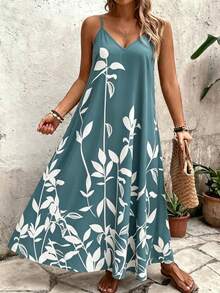 EMERY ROSE Plus Size Women's Deep V-Neck Spaghetti Strap Maxi Dress,Light Teal Botanical Print,Loose Fit,Boho,Summer,Beach,Holiday Vacation Daily Wear - Teal Blue - View 3
