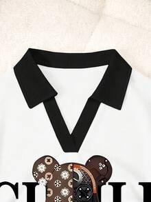 INAWLY Atasan Kasual Wanita Motif Beruang dengan Warna Kontras, Musim Panas - Hitam dan Putih - View 3