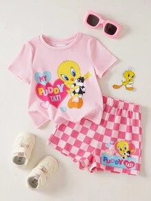LOONEY TUNES X SHEIN Bộ áo thun in hình hoạt hình và quần short kẻ caro cho bé gái. - Hồng - Xem 2