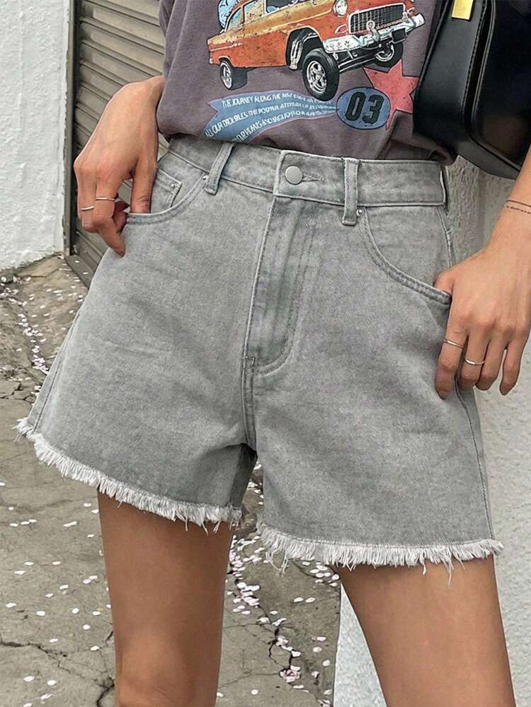 Women's Summer Star Rhinestone Design Frayed Hem Vacation Style Green Denim Shorts