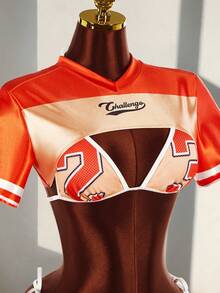 Amplova 3 pièces Top style jersey avec imprimé numérique et bas de bikini triangle, avec crop top super court ajouré. Tenue de plage sexy et à la mode pour les vacances - Orange - Voir 7