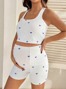 SHEIN Maternity Heart Print Camisole Top And Shorts 2 Pieces Set - Multicolor - View 7